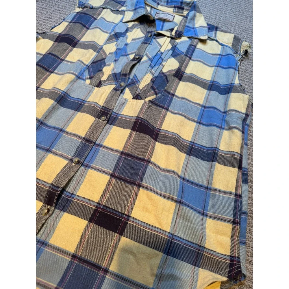 We The Free People Blue Yellow Plaid‎ Sleeveless Button Down Bib Top OB2064767 L - Picture 4 of 10